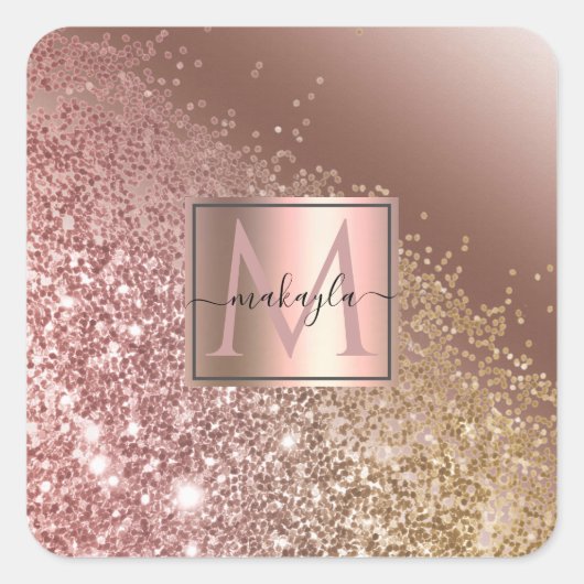 Girl Rose Gold Glitzer Name Monogram Quadratischer Aufkleber (Vorderseite)