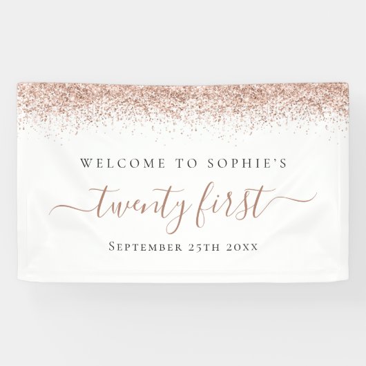 Girl Rose Gold Glitzer Name Willkommen 21 Banner (Horizontal)