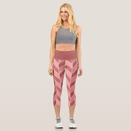 Girl Rose Gold Glitzer Pink Herringbone Zickzack Capri Leggings (Vorderseite)