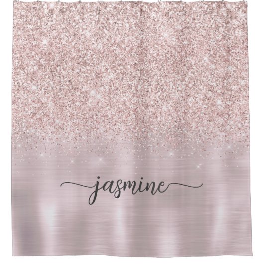 Girl Rose Gold Glitzer Pink Metal Monogram Name Duschvorhang (Vorderseite)