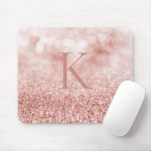 Girl Rose Gold Glitzer Shiny Bokeh Monogram Mousepad (Mit Mouse)