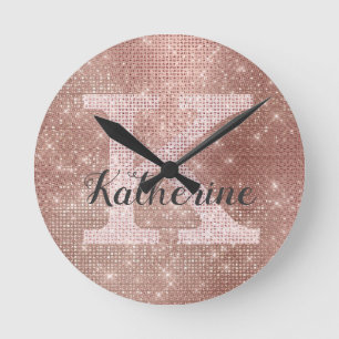 Girl Rose Gold Glitzer Sparkle Glam Monogramm Name Runde Wanduhr