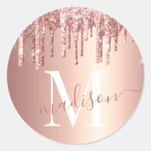 Girl Rose Gold Glitzer Tropfen Foil Monogram Runder Aufkleber