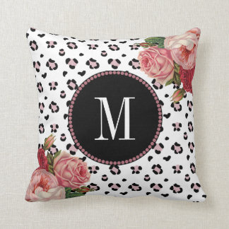 Girl-Rose Gold Leopard Vintag Floral Monogramm Kissen