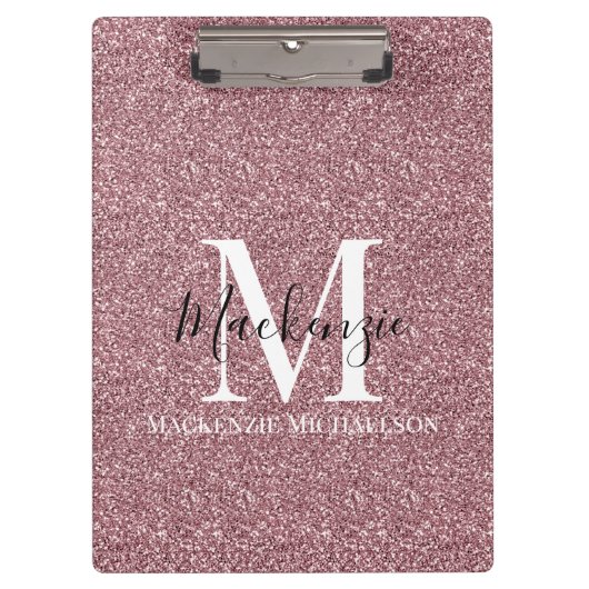 Girl Rose Gold Pink Glitzer Monogram Name Klemmbrett (Vorderseite)