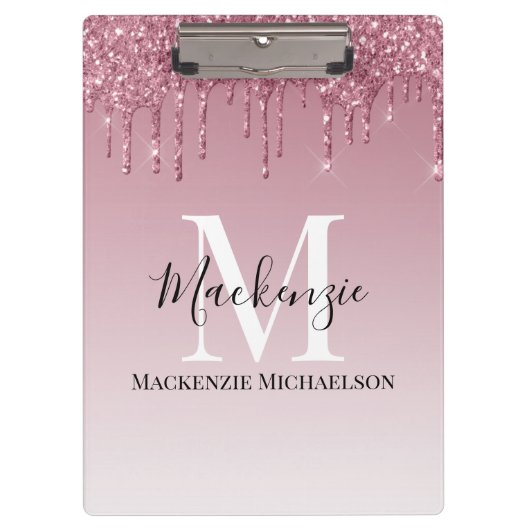 Girl Rose Gold Pink Glitzer Monogram Name Klemmbrett (Vorderseite)