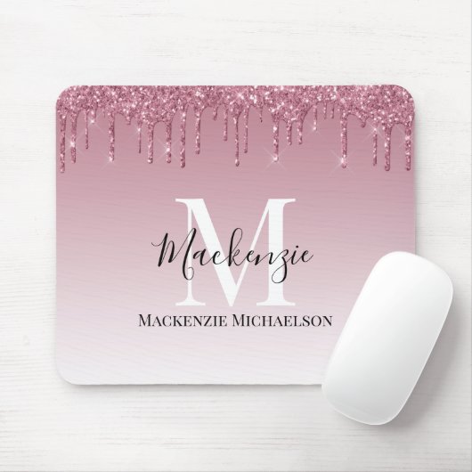 Girl Rose Gold Pink Glitzer Monogram Name Mousepad (Mit Mouse)