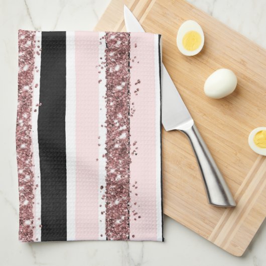 Girl Rose Gold Rosa Schwarzer Glitzer Streifen Mus Geschirrtuch (Viertel Falte)