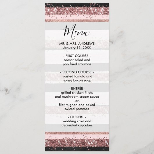 Girl Rose Gold Rosa Schwarzer Glitzer Streifen Mus Menükarte (Vorderseite)