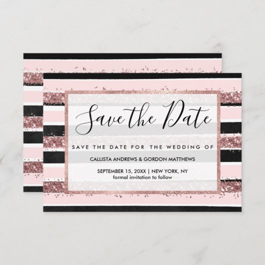Girl Rose Gold Rosa Schwarzer Glitzer Streifen Mus Save The Date (Vorne/Hinten)