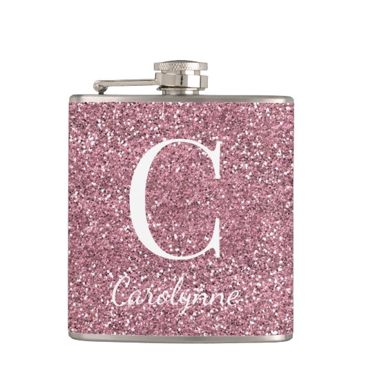Girl Rose Gold Sparkle Glitzer Monogram Flachmann (Vorderseite)