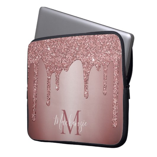 Girl Rose Gold Sparkle Glitzer Tropfen Monogram Laptopschutzhülle (Vorderseite Links)