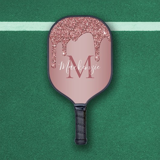 Girl Rose Gold Sparkle Glitzer Tropfen Monogram Pickleball Schläger
