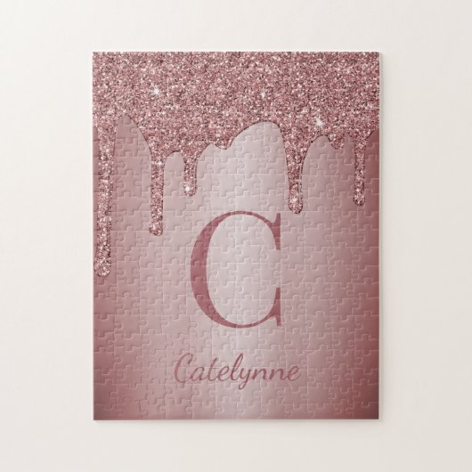Girl Rose Gold Sparkle Glitzer Tropfen Monogram Puzzle (Vertikal)