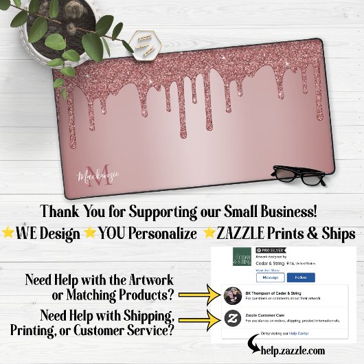 Girl Rose Gold Sparkle Glitzer Tropfen Monogram Schreibtischunterlage