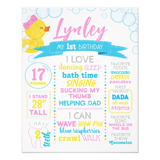 Girl Rubber Duck 1. Geburtstag Milestone Poster (Vorne)