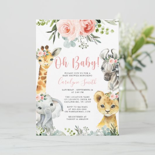 Girl Safari Animal Baby Dusche Einladung Grüne (Stehend Vorderseite)