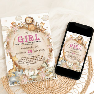 Girl Safari Animals Pink Baby Dusche Einladung