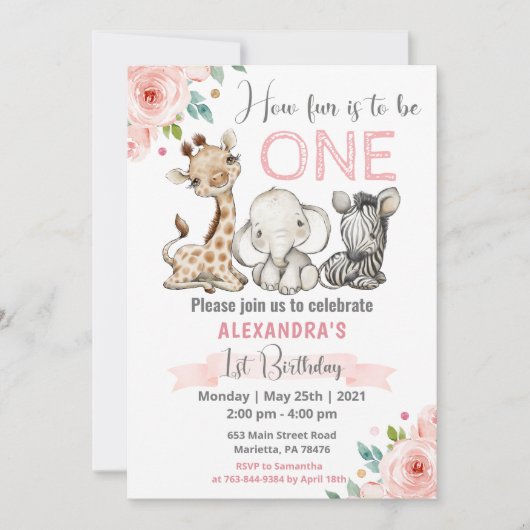 Girl Safari Baby Animals 1. Geburtstag Einladung (Vorderseite)