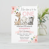 Girl Safari Baby Animals 1. Geburtstag Einladung (Stehend Vorderseite)