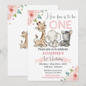 Girl Safari Baby Animals 1. Geburtstag Einladung (Vorne/Hinten)