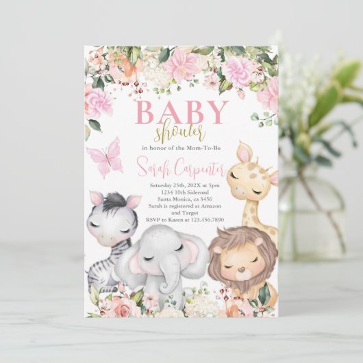 Girl Safari Baby Shower Einladung (Stehend Vorderseite)