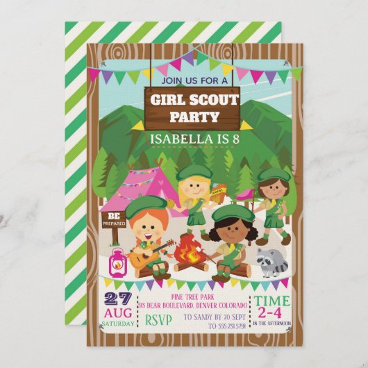 Girl Scouts Camping Birthday Party  Einladung (Vorne/Hinten)