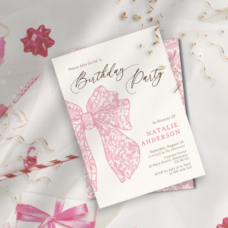 Girl Script Pink Floral Lace Bow Geburtstagsparty Einladung