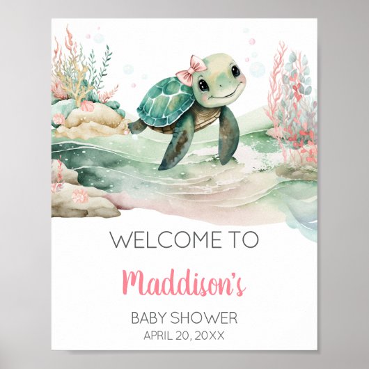 Girl Sea Turtle Baby Dusche Willkommen Poster (Vorne)
