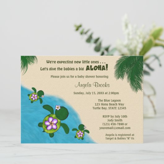 GIRL Sea TURTLE Baby Shower Invite TWIN (Honu) 04C Einladung (Stehend Vorderseite)