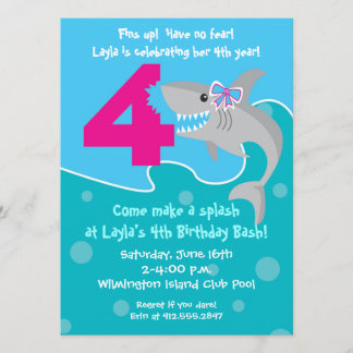 Girl Shark Bite Invite - 4. Geburtstag Party Einladung