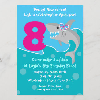 Girl Shark Bite Invite - 8. Geburtstagsparty Einladung