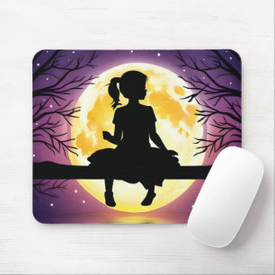 Girl-Silhouette auf Baum mit Mond Mousepad