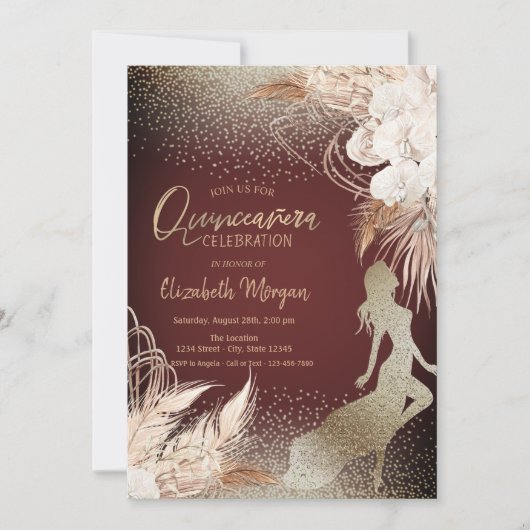 Girl Silhouette, Floral Boho Blume Pampas Grass Einladung (Vorderseite)