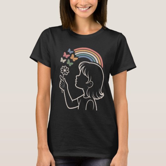 Girl Silhouette Rainbow Butterfly Illustration T-Shirt (Vorderseite)