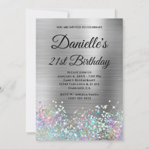 Girl Silver Foil Holo Glitzer Extravagant Monogram Einladung