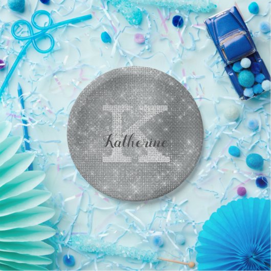 Girl Silver Glitzer Glam Sparkle Monogram Name Pappteller (Party)