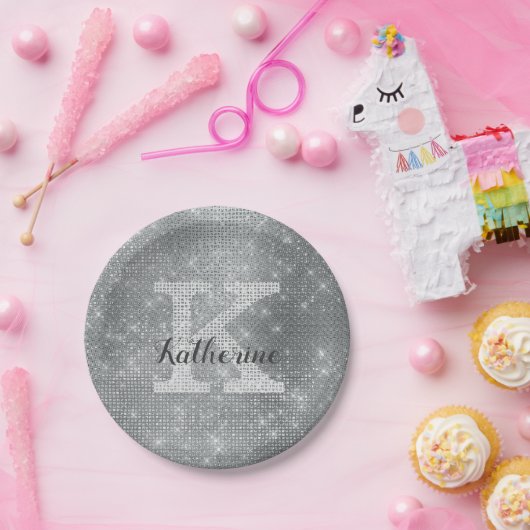 Girl Silver Glitzer Glam Sparkle Monogram Name Pappteller (Party)