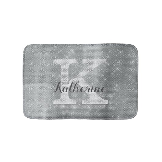 Girl Silver Glitzer Sparkle Glam Monogramm Name Badematte (Vorderseite)