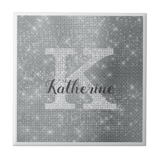 Girl Silver Glitzer Sparkle Glam Monogramm Name Fliese (Vorderseite)