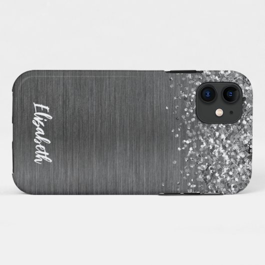 Girl Silver Sparkle Glitzer Monogram Name Case-Mate iPhone Hülle (Rückseite (Horizontal))