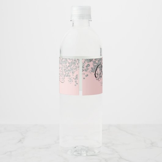Girl Silver und Blush Pink Monogram Sparkle Wasserflaschenetikett (Rückseite)