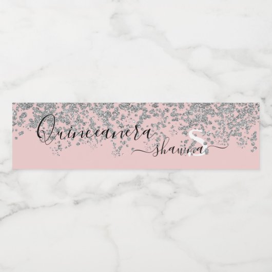 Girl Silver und Blush Pink Monogram Sparkle Wasserflaschenetikett (Einzelnes Label)