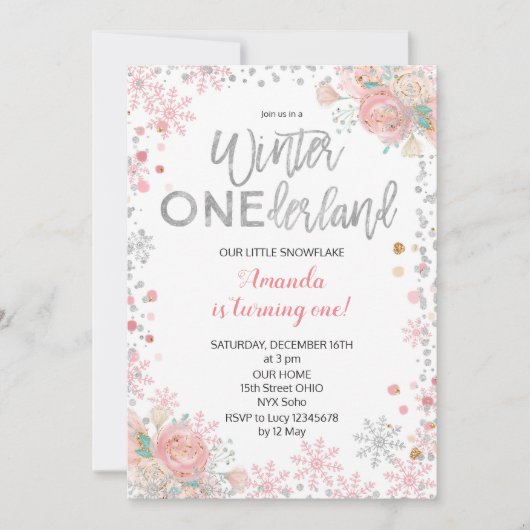 Girl Silver Winter ONEderland Snow Birthday Invite Einladung (Vorderseite)