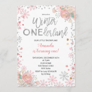 Girl Silver Winter ONEderland Snow Birthday Invite Einladung