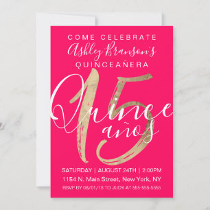 Girl Simple Neon Pink Gold Foil Quinceañera Einladung