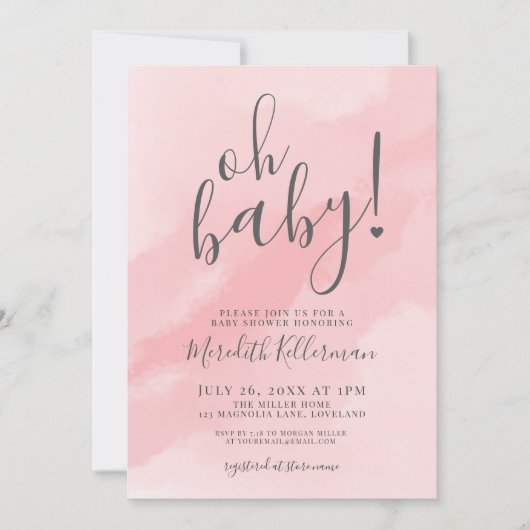 Girl Simple Pink Watercolor Oh Babydusche Einladung (Vorderseite)