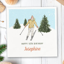 Girl Skiing In Winter Scene Watercolor Birthday Serviette