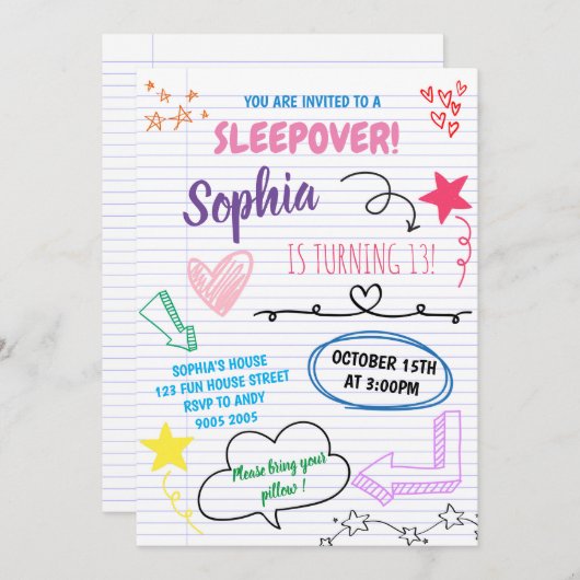 Girl Sleepover Party Tee Kinder Schlummergeburt Einladung (Vorne/Hinten)