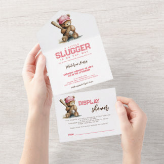 Girl Slugger Teddy Bear QR RSVP Baby Shower All In One Einladung